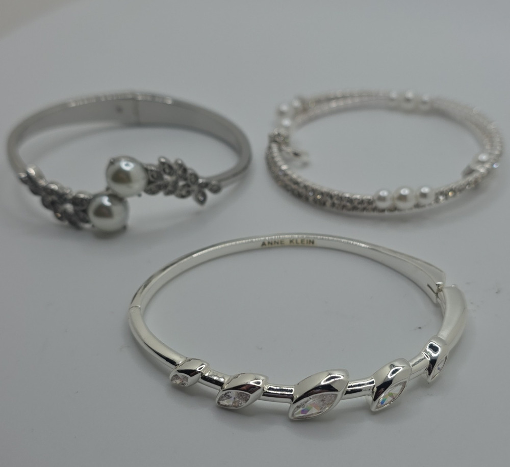 Anne Klein Silver Tone Hinged Stackable Bangle Bracelet Set Crystal Imit Pearl